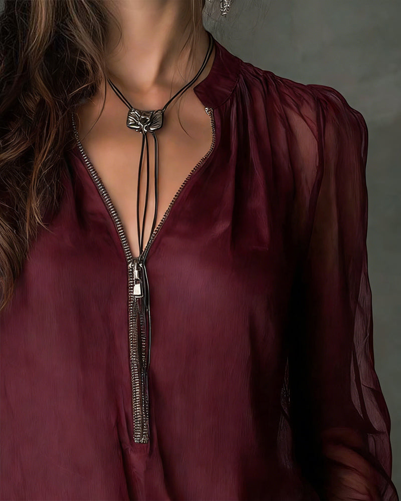 Blouse Demi-zippé Maille Manches-longues