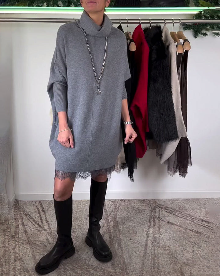 Robe Costume en Dentelle Maille avec Bretelles Col Haut Manches Chauve-Souris