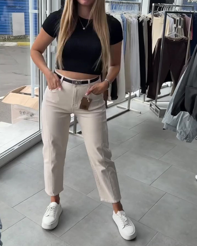 Pantalon Taille Haute Décontracté Jambe Droite