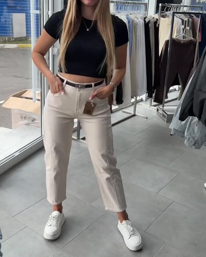 Pantalon Taille Haute Décontracté Jambe Droite