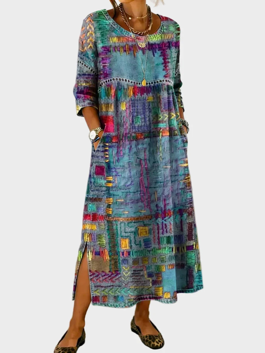 Alix | Robe en denim avec patchwork ethnique