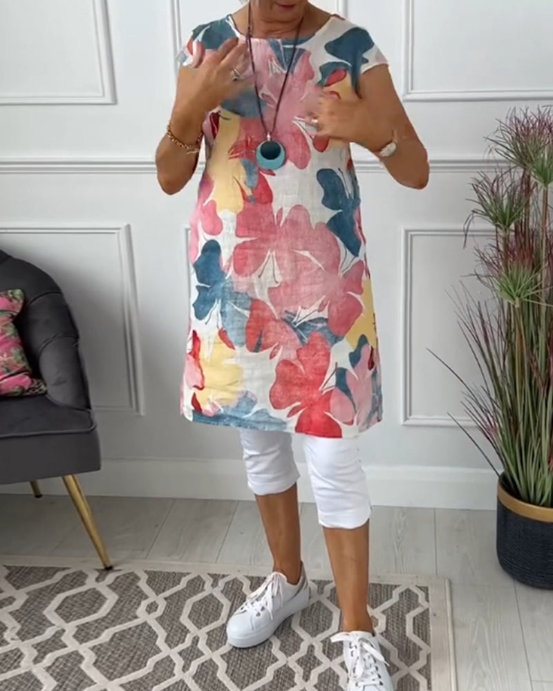 Haut long décontracté à imprimé floral coloré