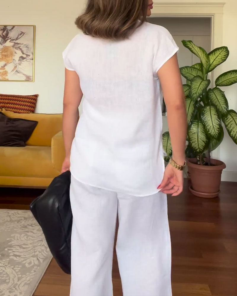 Costume Coton Et Lin Couleur Unie Pantalon Décontracté