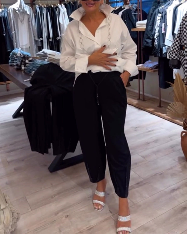 Pantalon décontracté uni avec cordon de serrage et patchwork de paillettes