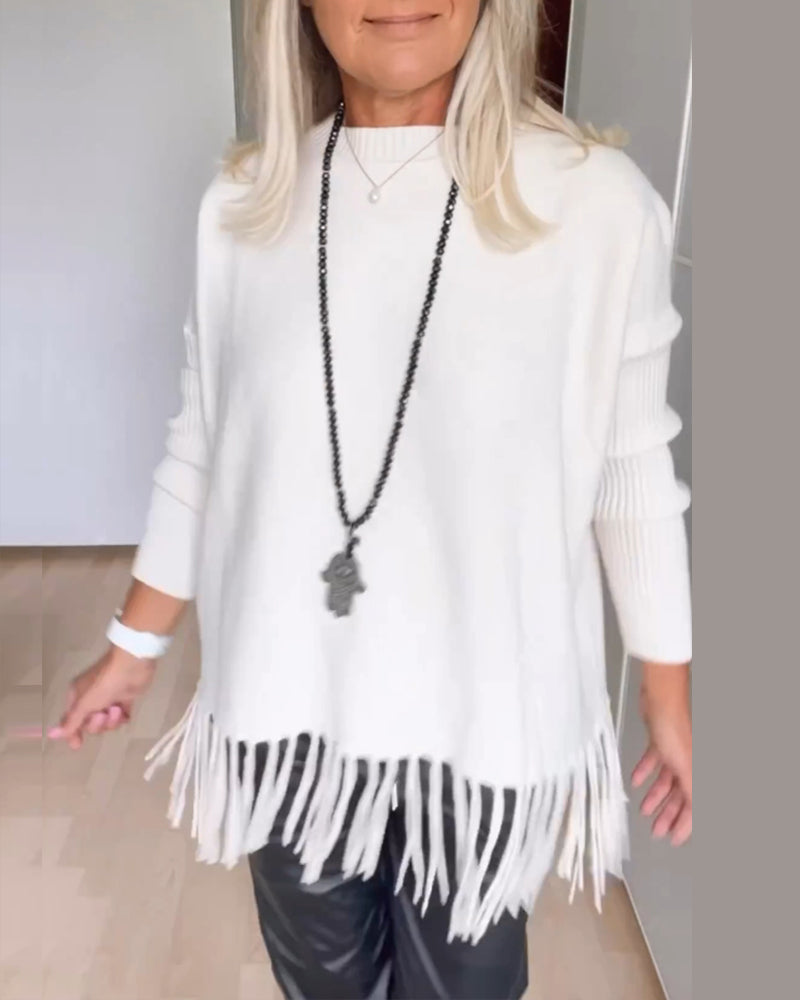 Pull décontracté à franges de couleur unie