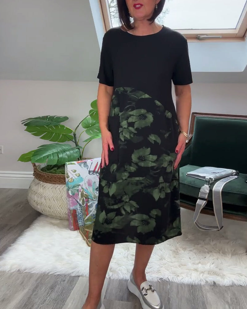 Robe patchwork décontractée à imprimé floral et col rond