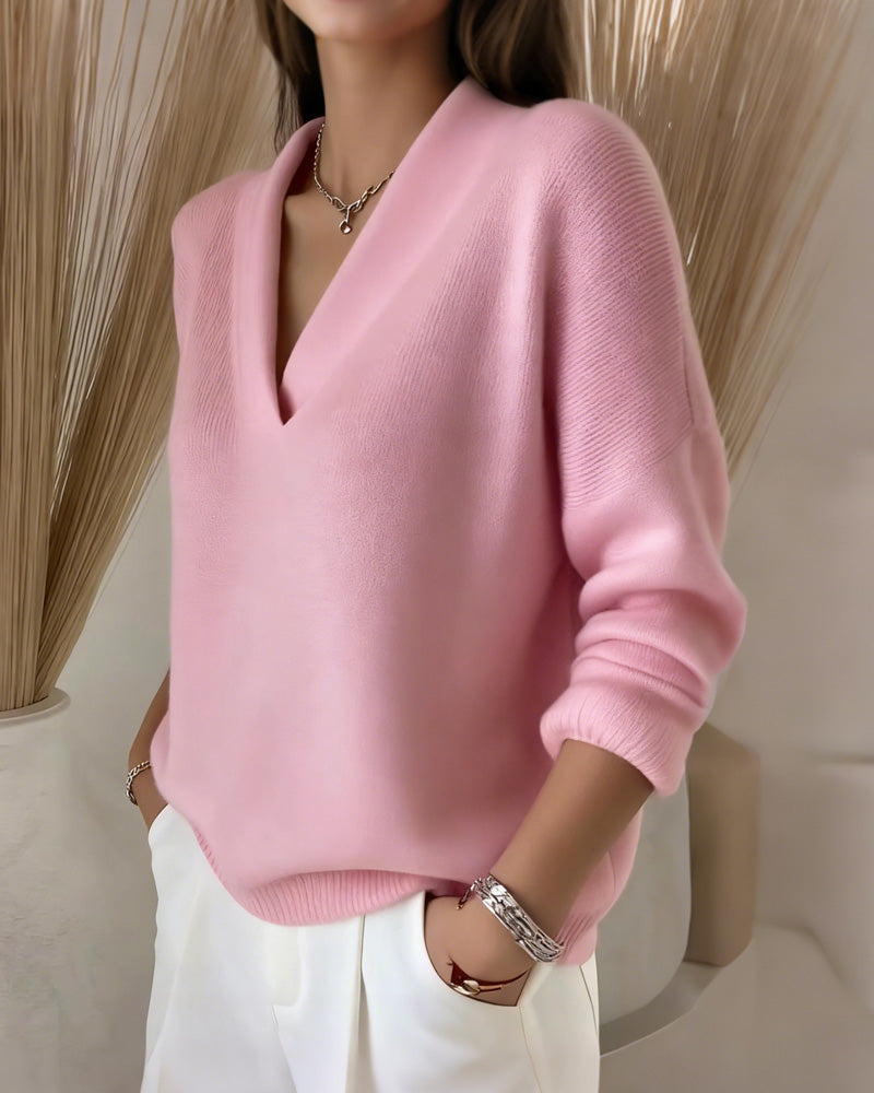 Pull décontracté couleur unie col en V
