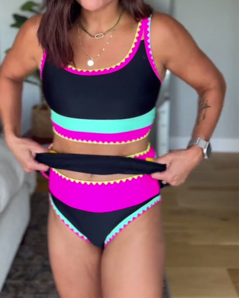 Maillot de bain trois pièces élégant à blocs de couleurs
