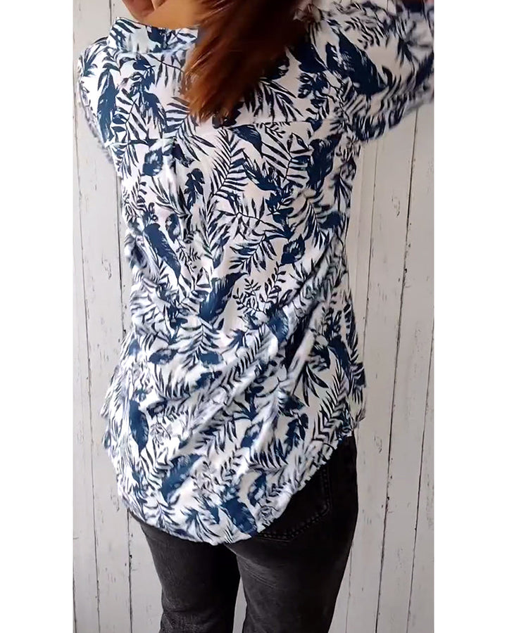 Blouse décontractée boutonnée imprimé feuilles, col V et manches neuf-quarts