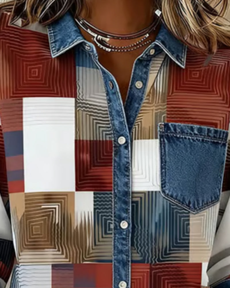 Chemise Color Block Revers À La Mode