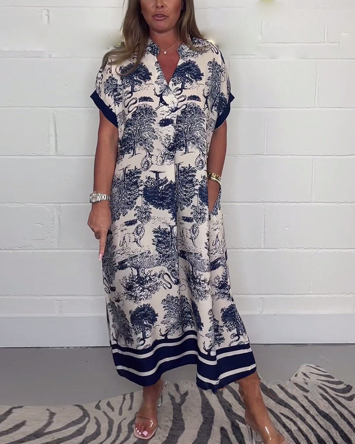 Robe à poche col V imprimé animal