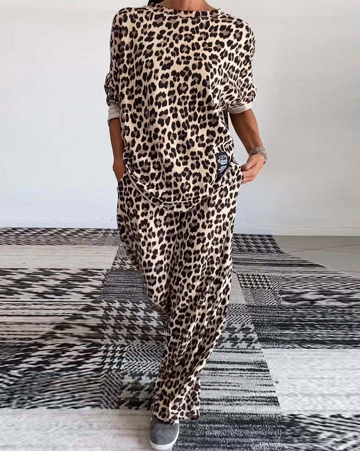 Ensemble décontracté à imprimé léopard avec haut ras du cou et poche, pantalon à jambe large