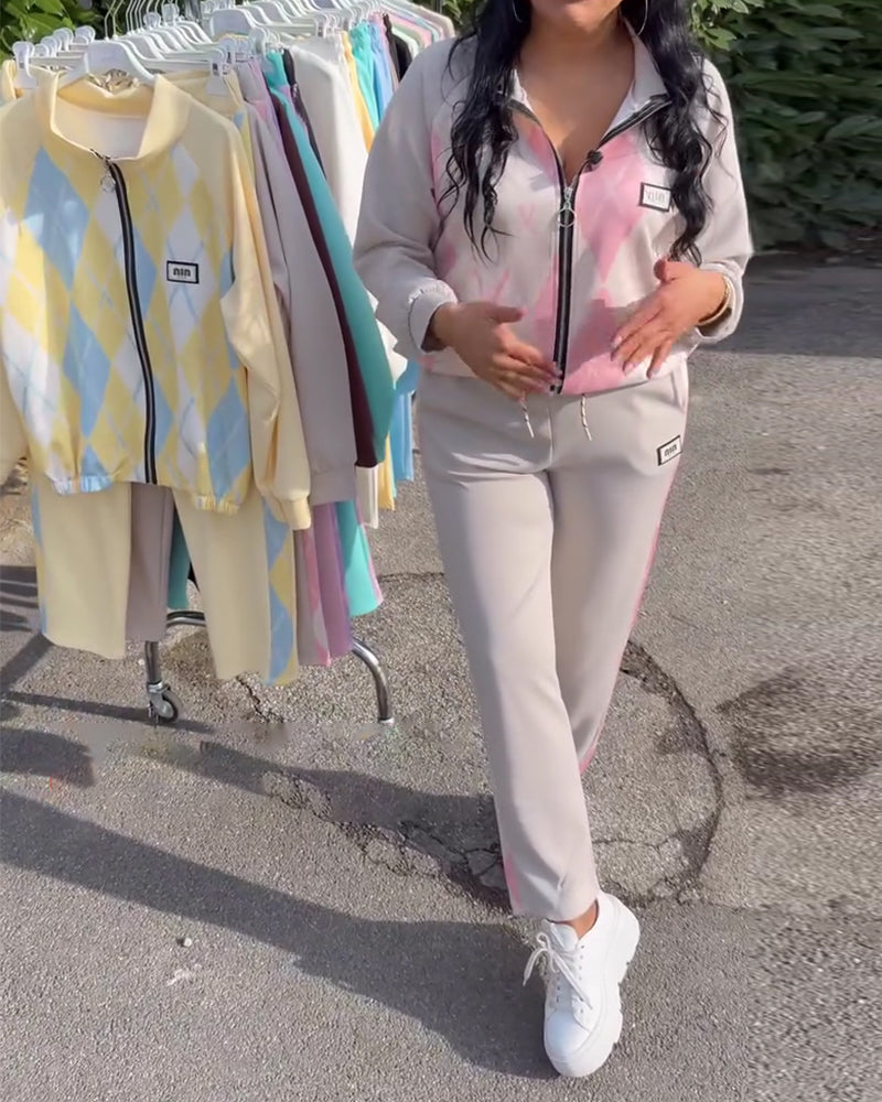 Ensemble Deux Pièces Haut À Zip Et Pantalon À Carreaux