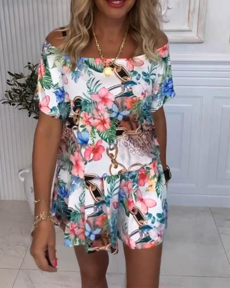 Jumpsuit avec Motifs de Plantes et de Fleurs, Style Épaules Nues