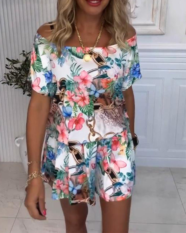 Jumpsuit avec Motifs de Plantes et de Fleurs, Style Épaules Nues