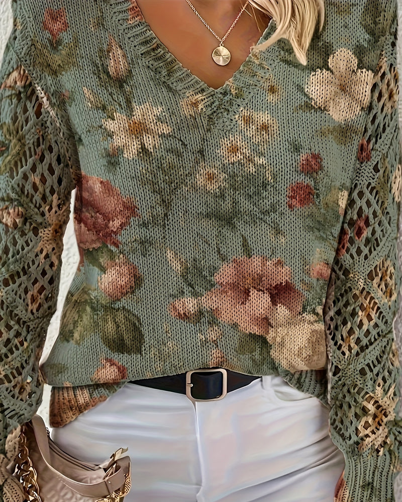 Pull Jacquard Col V Ajouré Manches Longues