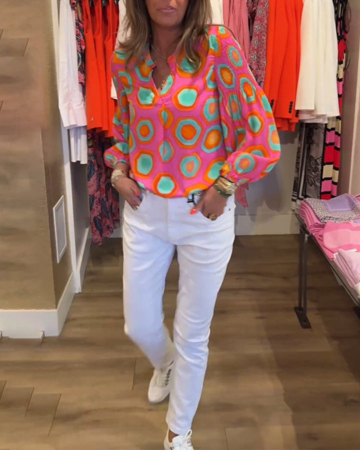 Blouse décontractée à manches longues et imprimé géométrique