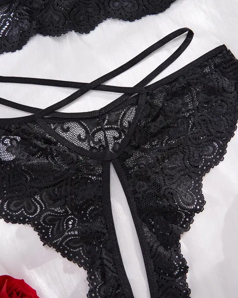 Ensemble De Lingerie Sexy – Bralette Ajourée Avec Nœud & Culotte Ouverte