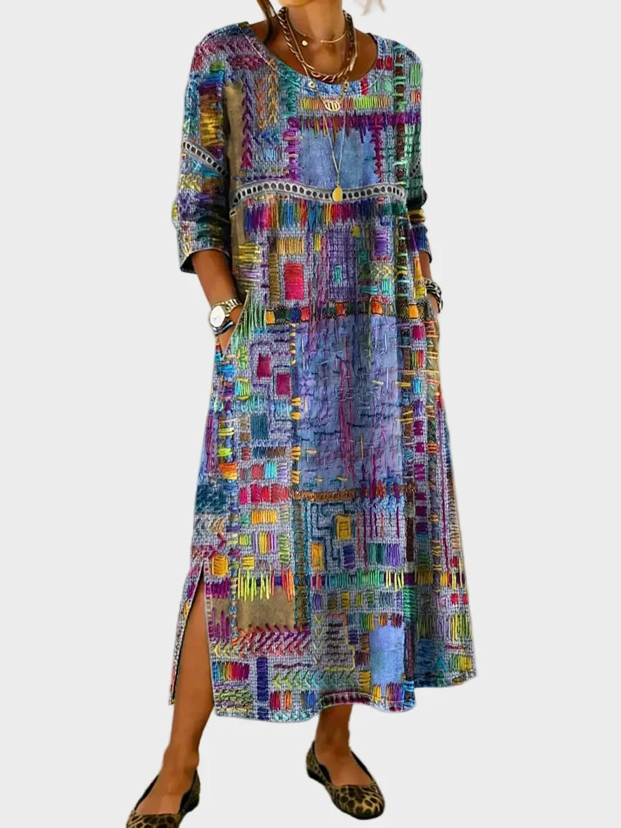 Alix | Robe en denim avec patchwork ethnique