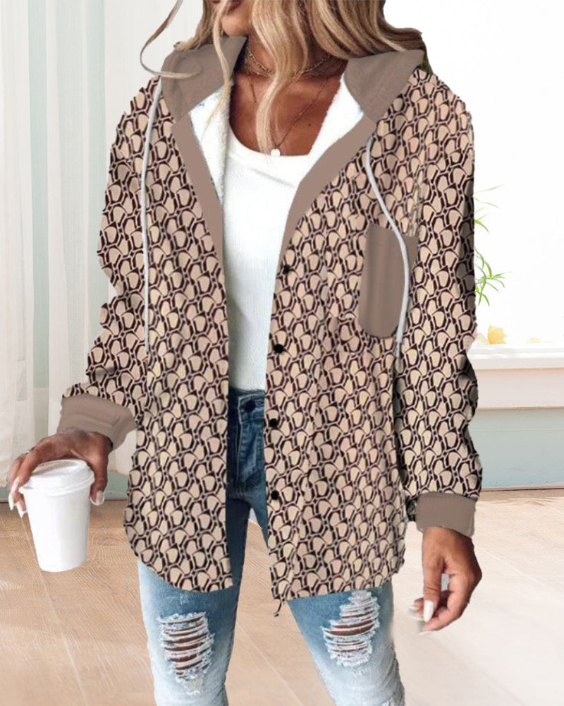 Manteau à capuche imprimé décontracté avec poche et lacets