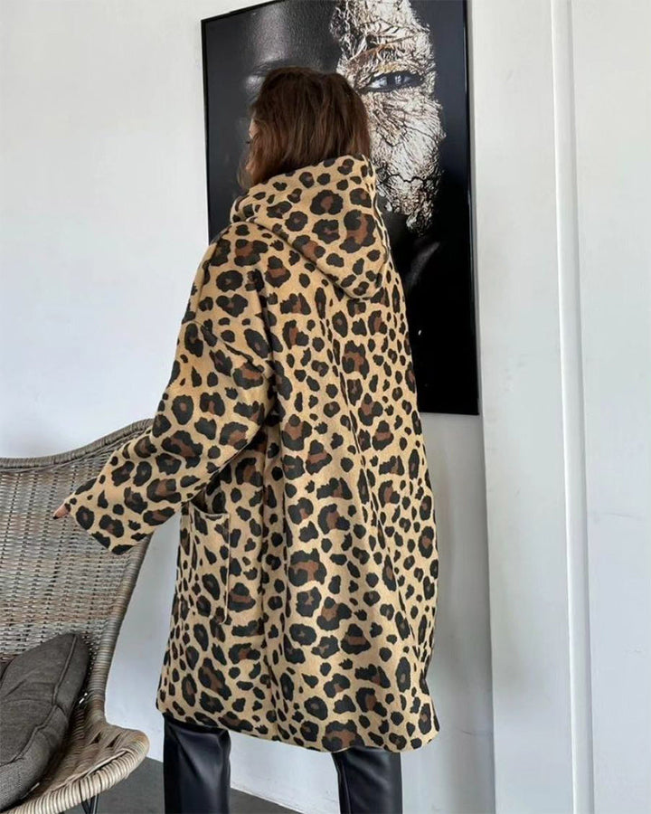 Manteau à capuche décontracté à imprimé léopard avec poche