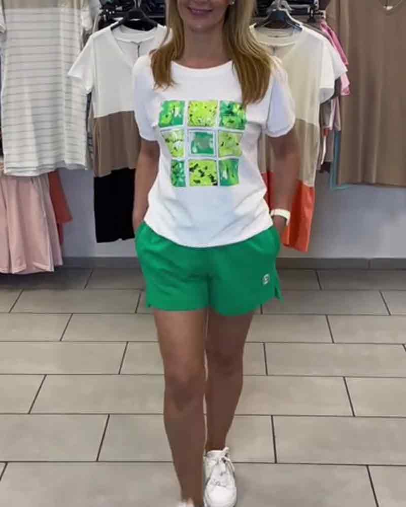 Ensemble Short Décontracté Imprimé Taille Mi-Haute