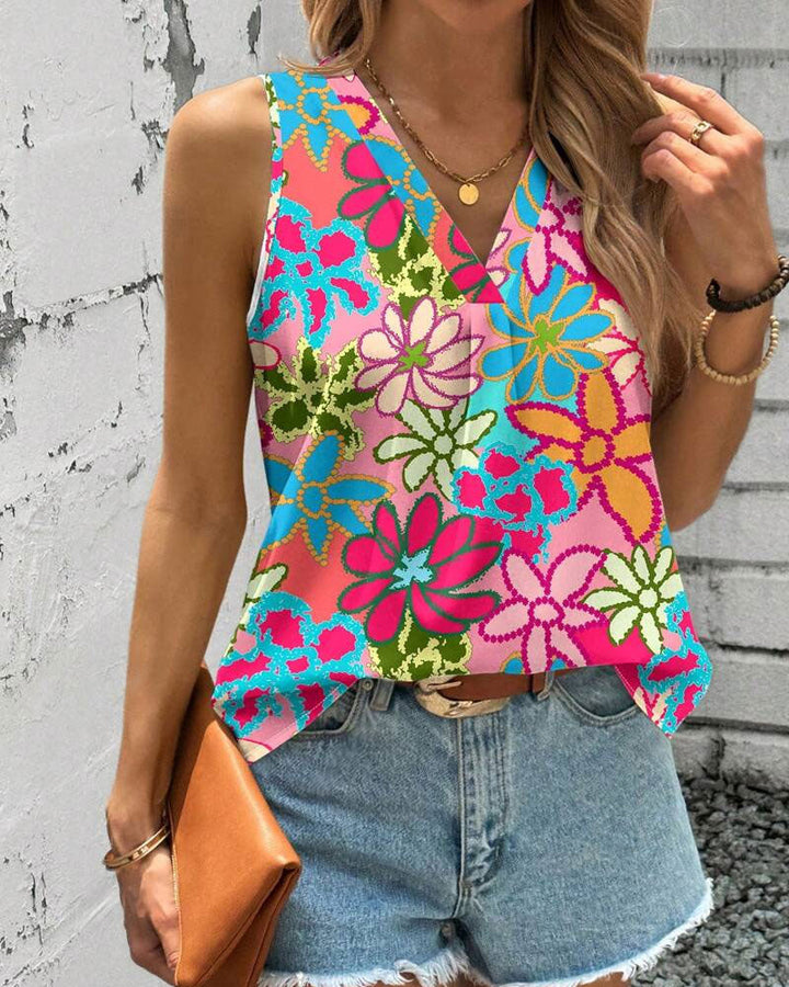Gilet Col V Imprimé Fleuri Sans Manches