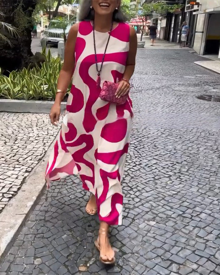 Robe Sans Manches Col Rond Avec Imprimé Géométrique