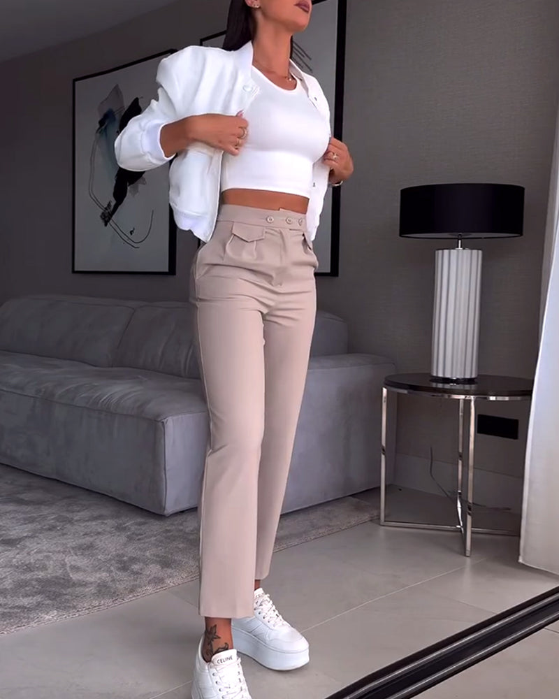 Pantalon de costume décontracté à poches de couleur unie
