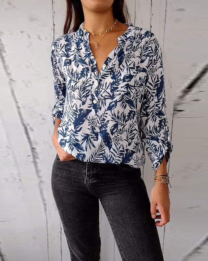 Blouse décontractée boutonnée imprimé feuilles, col V et manches neuf-quarts