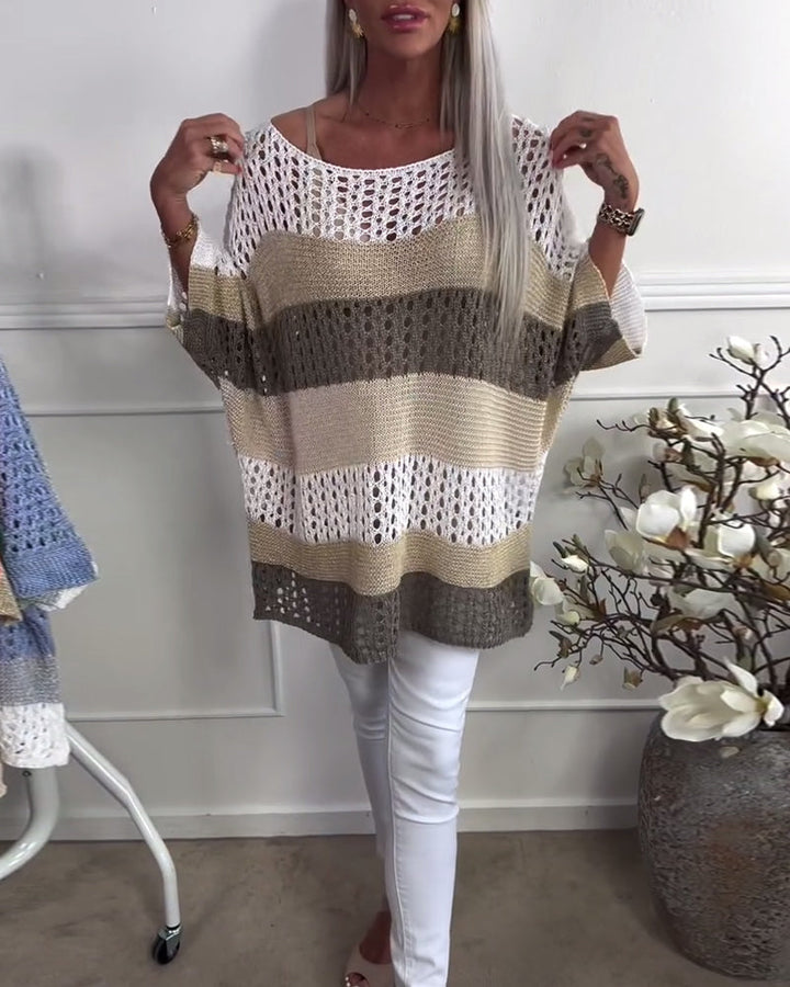 Pull décontracté à manches longues creux avec blocs de couleurs