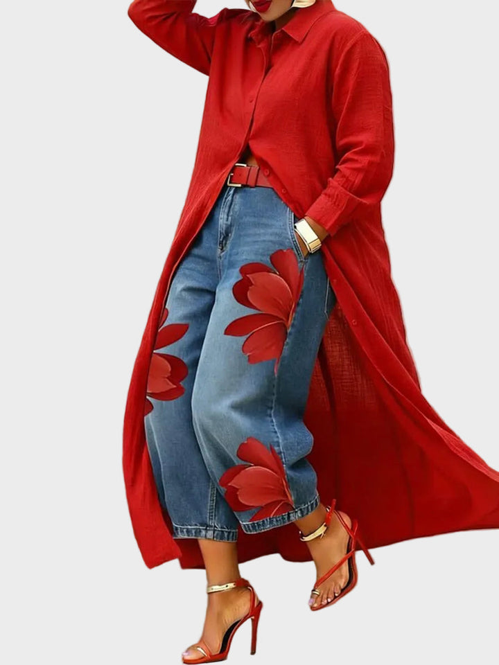 Alix | Robe lin & Ensemble denim fleuri