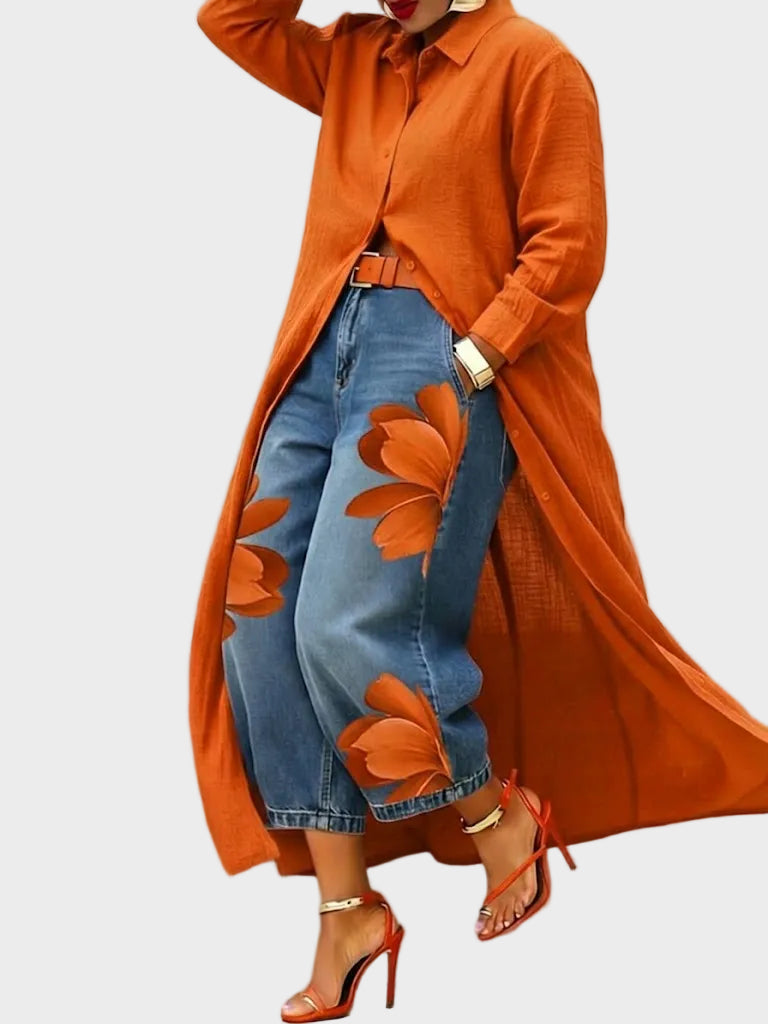 Alix | Robe lin & Ensemble denim fleuri