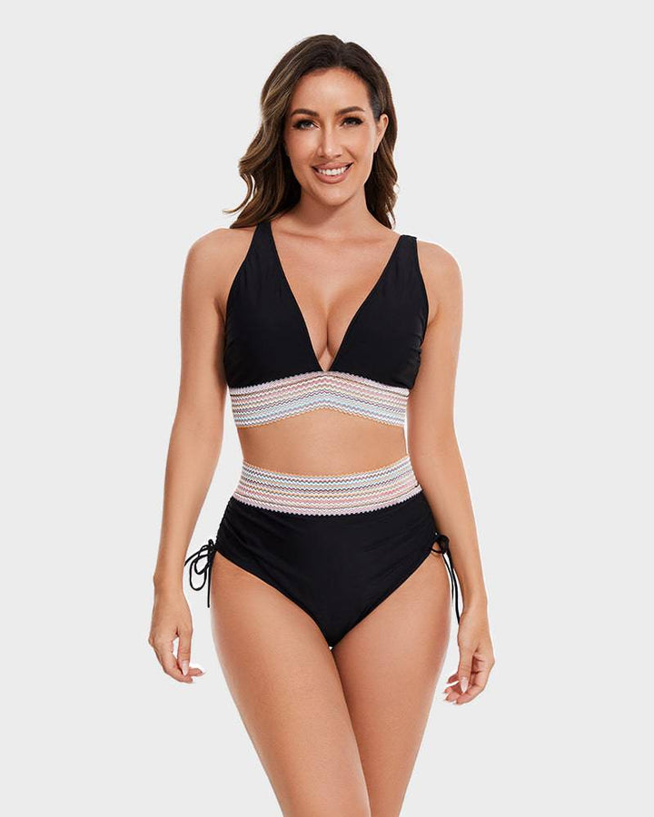 Bikini taille haute gainante à motif colorblock – maintien, confort et style tendance